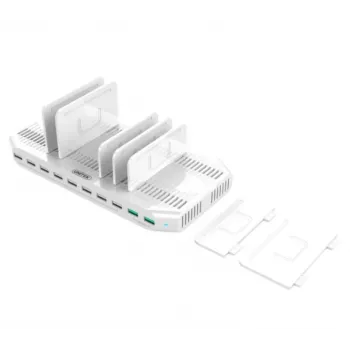 Įkrovimo stotelė Unitek Y-2190A — 10× USB prievadai (8×USB 2.0 + 2×USB 3.2 Gen1), belaidis įkrovimas, 96 W galia