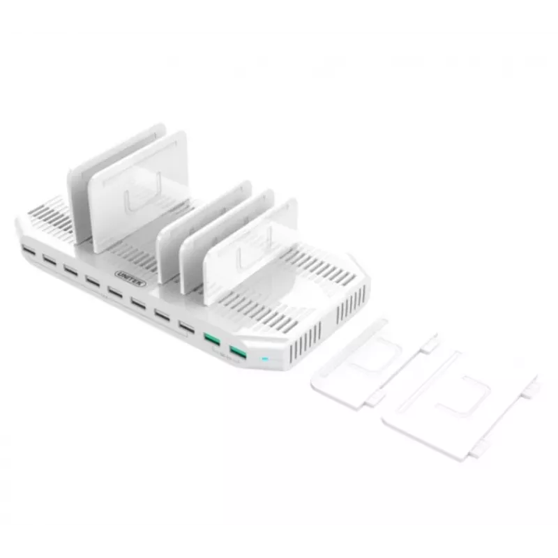 Įkrovimo stotelė Unitek Y-2190A — 10× USB prievadai (8×USB 2.0 + 2×USB 3.2 Gen1), belaidis įkrovimas, 96 W galia