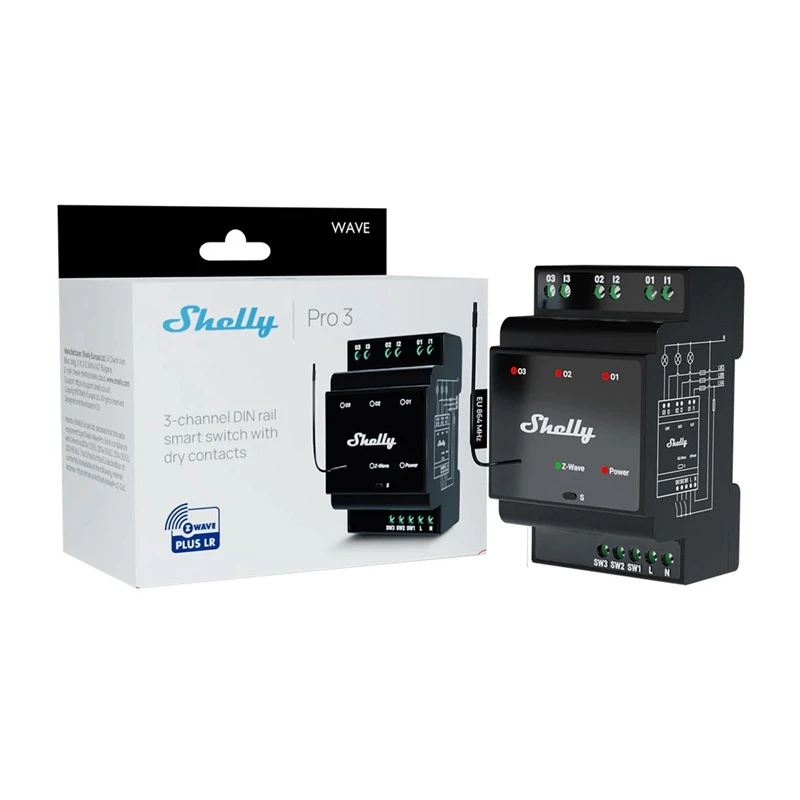 DIN bėgio išmanioji relė Shelly WavePro3 3 kanalų Z-Wave, 110–240 V, 25 A vienam kanalui, AES-128, montavimui ant DIN bėgio
