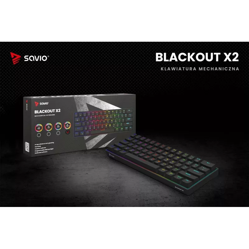 Mechaninė žaidimų klaviatūra SAVIO BLACKOUT X2 PEACH — 61 klavišų 60% QWERTY, RGB LED, hot-swap, USB Type-A/Type-C, atjungiamas kabelis