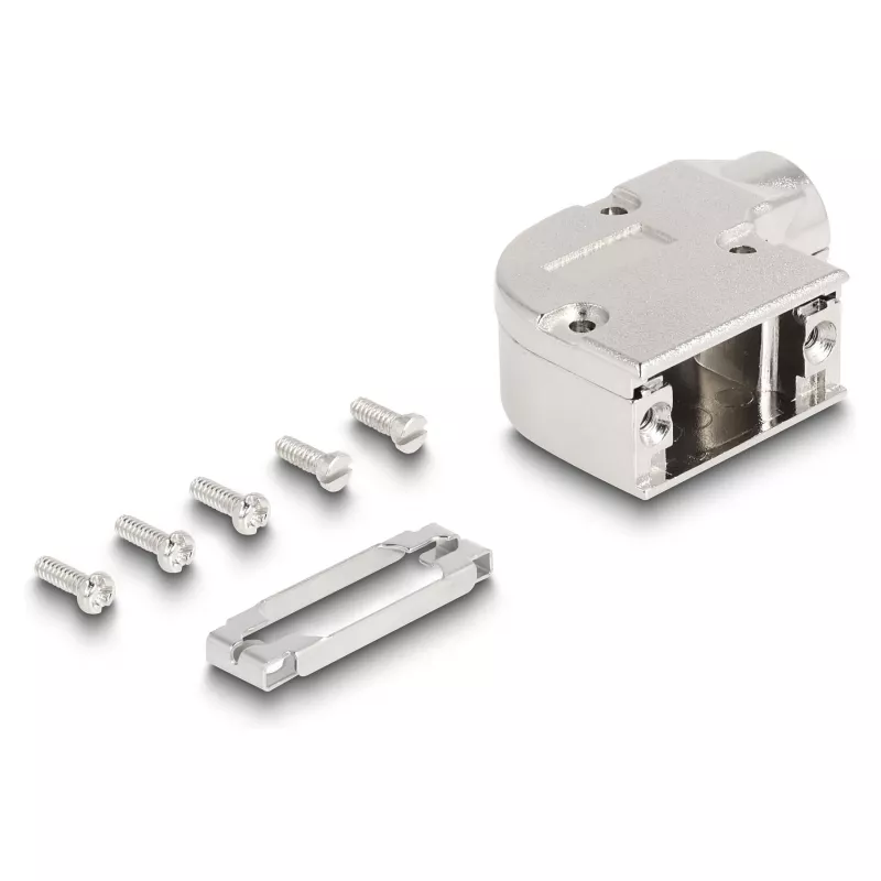 Kabelio gaubtas DELOCK D-Sub 9 kontaktų kištukui/lizdui su metaliniu laikikliu 90° kampu, sidabrinis, 33×47×16 mm