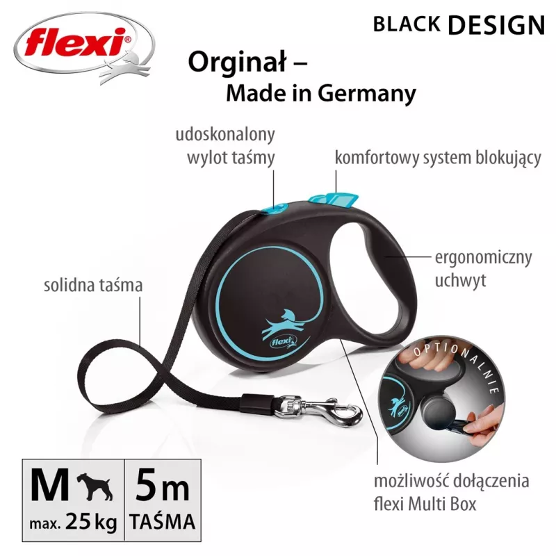 Flexi Black Design M atsitraukiantis šuns pavadėlis, juodo dizaino, 5 m juostos tipas, maks. apkrova 25 kg, ergonomiška rankena