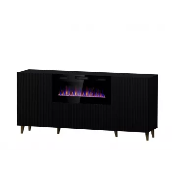 Komoda su elektriniu židiniu Cama Meble PAFOS 180x42x82 cm matinė juoda, 3 durelės, 2 lentynos, 1400–1600 W