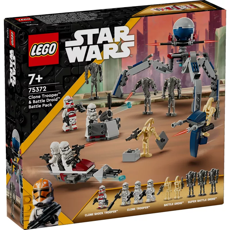 LEGO Star Wars Clone Trooper & Battle Droid Battle Pack – Klonų kareivio ir kovos droido rinkinys su greičio dviračiu, 4 minifigūrėlėmis ir 5 figūrėlėmis