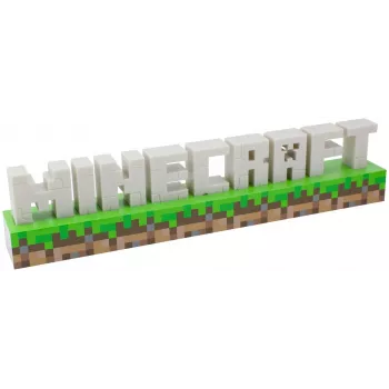 Paladone Minecraft Logo Light – šviečiantis užrašas su žemės blokų pagrindu