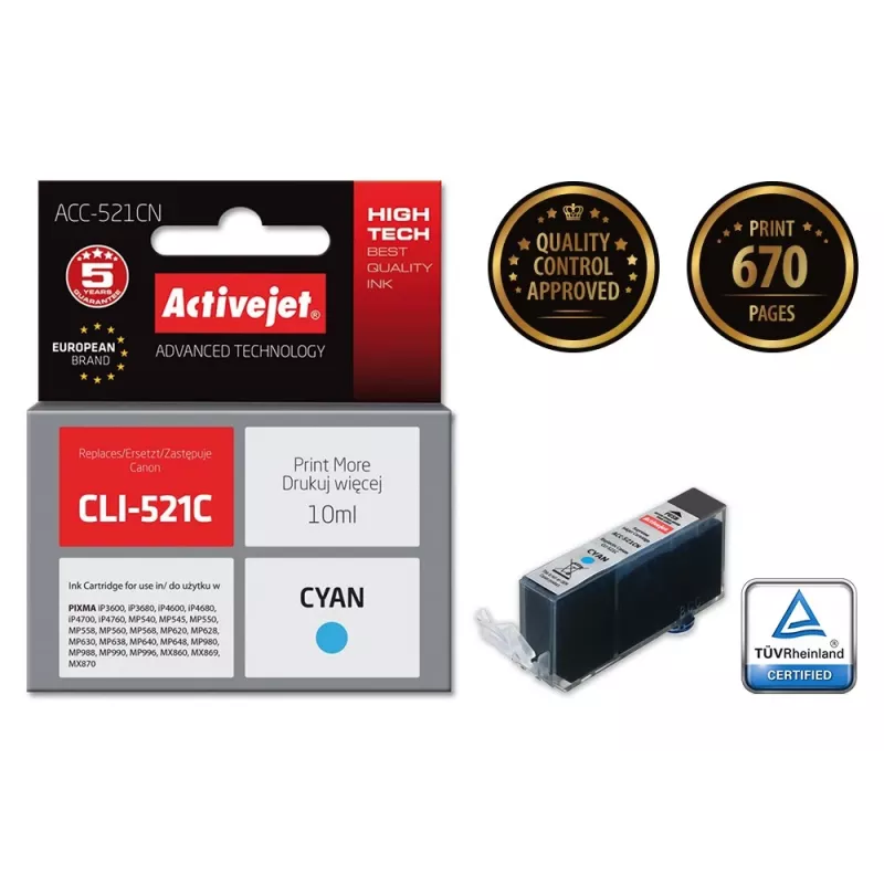 Activejet ACC-521CN rašalas, suderinamas su Canon CLI-521C, Supreme, 10 ml, žydras