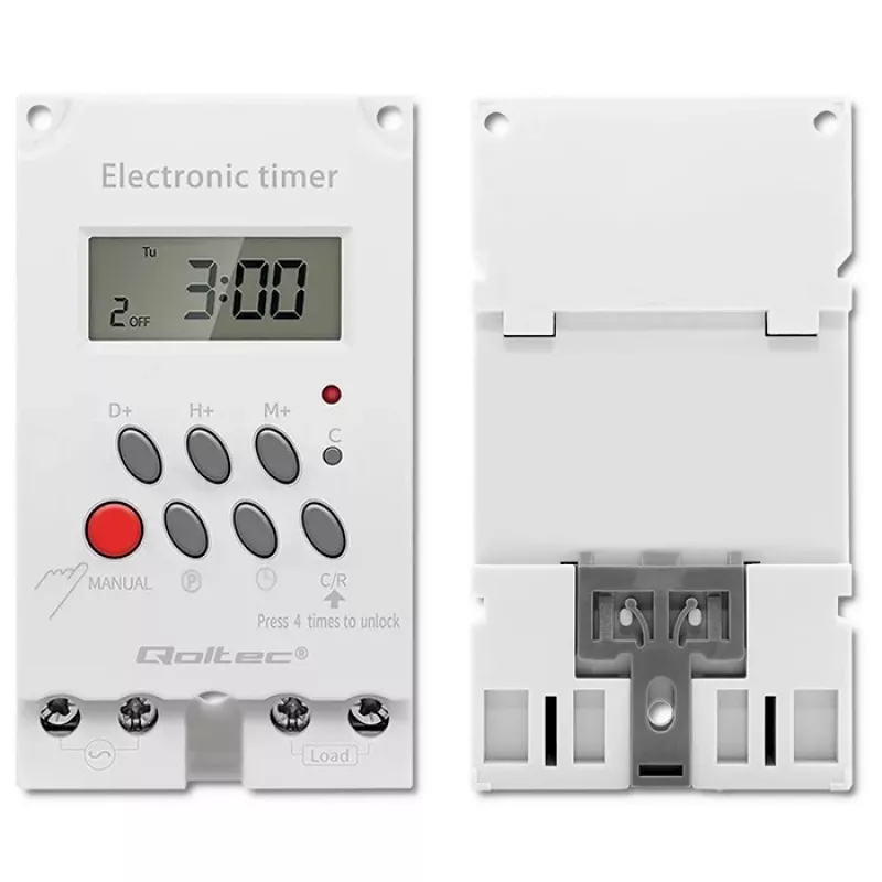 Elektroninis laikmatis DIN bėgiui QOLTEC PC0629 — 24V maitinimas, 16A išėjimas