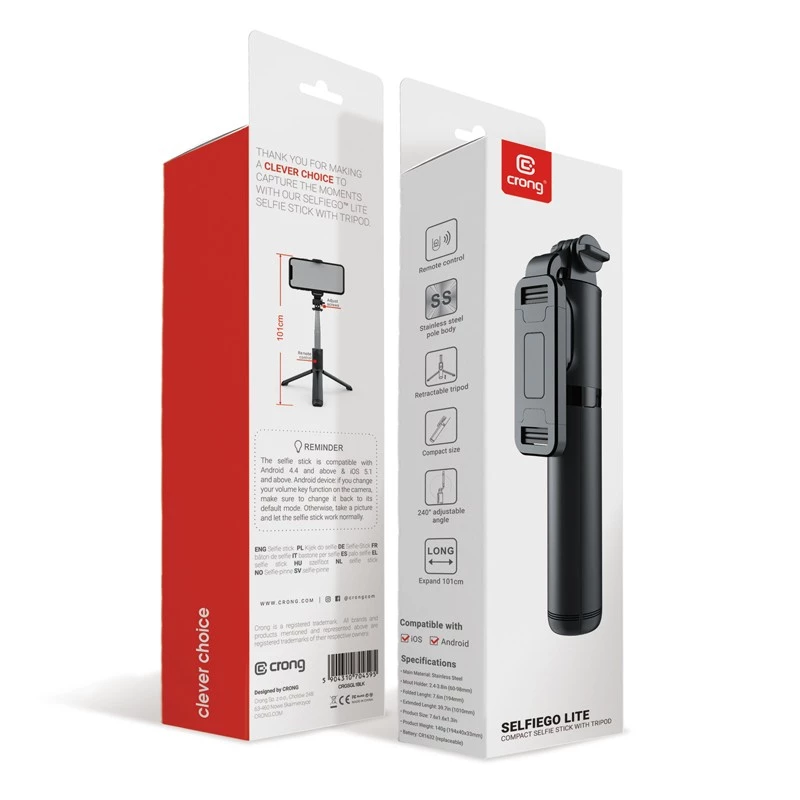 SelfieGo kompaktiška self lazdelė Bluetooth trikojis (20-101 cm) Crong CRGSGL1B