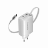 CANYON įkroviklis OnCharge 65RC su integruotu USB-C laidu 65W, 1x PD, 1x QC, EU kištukas, baltas