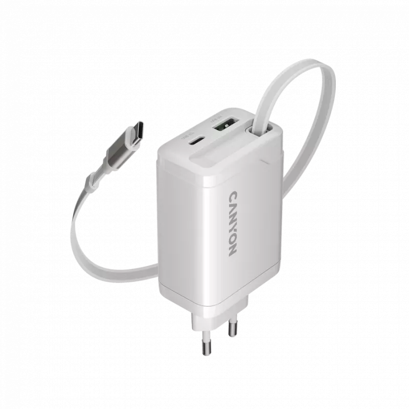 CANYON įkroviklis OnCharge 65RC su integruotu USB-C laidu 65W, 1x PD, 1x QC, EU kištukas, baltas