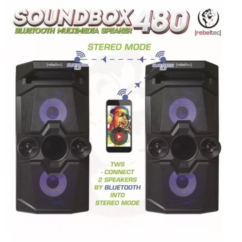 Rebeltec SoundBox 480 nešiojamas Bluetooth stereo garsiakalbis juodas, 50W RMS
