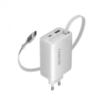 CANYON įkroviklis OnCharge 65RC su integruotu USB-C laidu 65W, 1x PD, 1x QC, EU kištukas, baltas