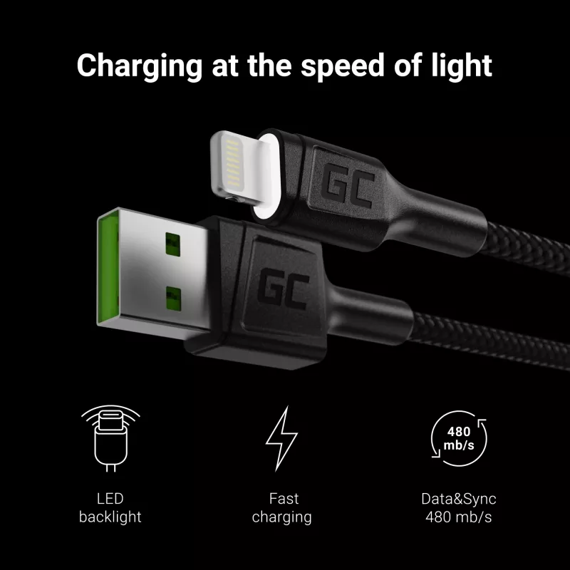 Green Cell KABGC05 Lightning laidas 1,2 m Juoda