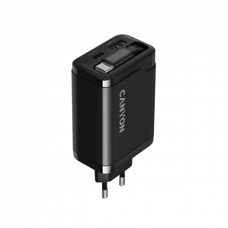 Įkroviklis CANYON OnCharge 65RC su integruotu USB-C laidu, 65W, 1x PD, 1x QC, EU kištukas, Juodas