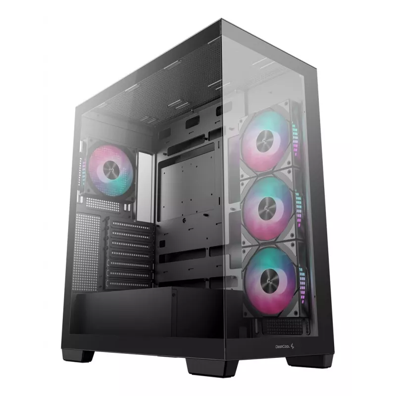Korpusas DeepCool CG580 4F Midi Tower — ATX/MicroATX/ITX, grūdintas stiklas, 3×120 mm + 1×120 mm ventiliatoriai, 2×3.5 colio ir 2×2.5 colio diskų vietos, USB-A×2 USB-C×1, juodas