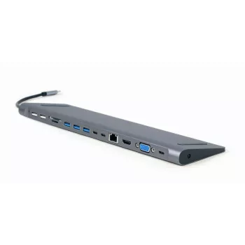 Gembird A-CM-COMBO9-01 USB Type-C 9-in-1 kelių prievadų adapteris (USB šakotuvas + HDMI + VGA + PD + kortelių skaitytuvas + LAN + 3.5 mm garsas), kosminė pilka
