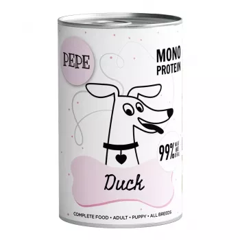 Šlapias šunų ėdalas PAKA ZWIERZAKA Pepe Duck 400 g – suaugusiems šunims, antienos skonis, skardinė, be glitimo/sojos/cukraus