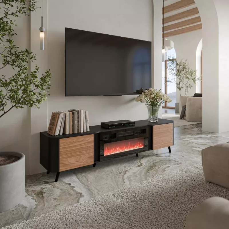 Spintelė TV Cama Meble Volare 200 x 39 x 49 cm juoda/riešutas su elektriniu židiniu