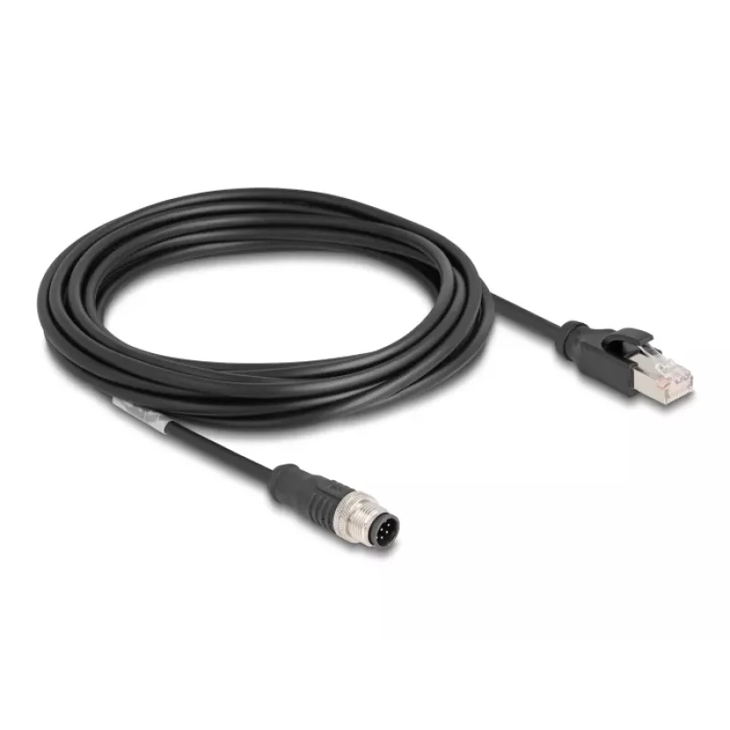 Tinklo kabelis DeLOCK M12 A-koduotas 8 kontaktų vyriškas į RJ45 vyrišką Cat5e 5 m juodas