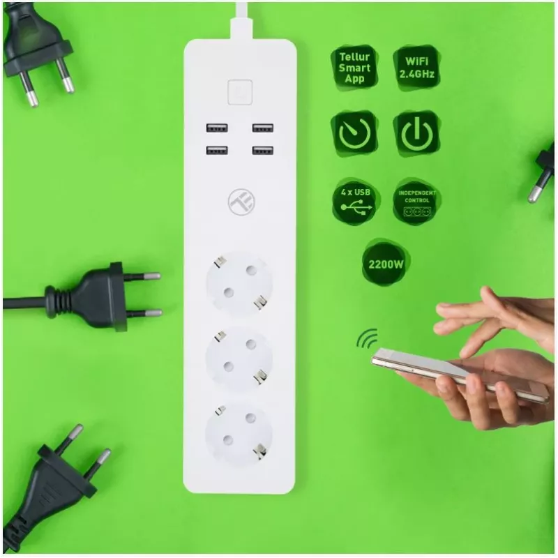 Tellur WiFi išmanusis ilgintuvas su 3 kištukiniais lizdais ir 4 USB prievadais (4 A)