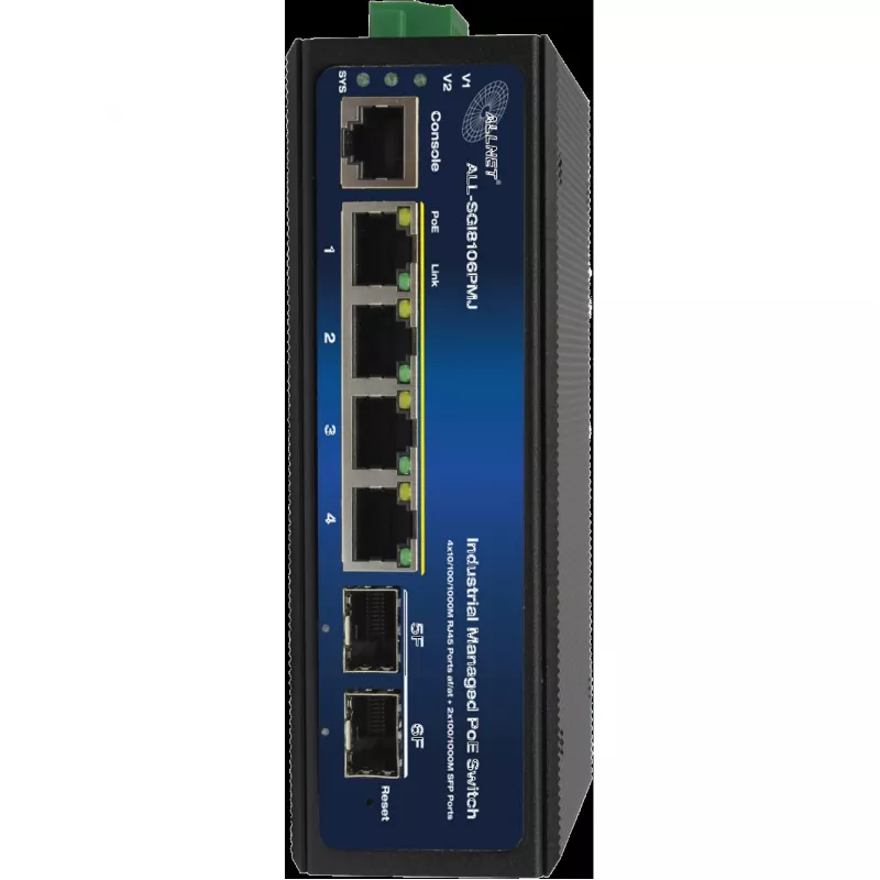 Pramoninis PoE jungiklis ALLNET ALL-SGI8106PMJ-BT – 6 prievadų (4 PoE+), tvirtas metalinis korpusas