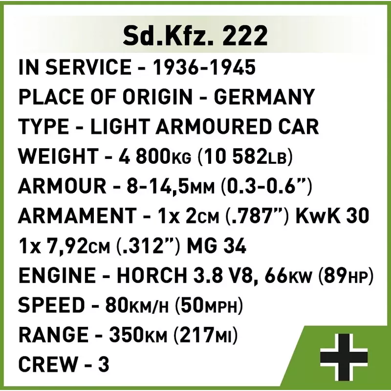 Cobi Blocks Sd.Kfz 222 modelio rinkinys COBI-2657 — 502 kaladėlės