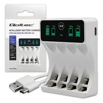 Įkroviklis baterijoms QOLTEC 50848 NiMH AAA (R03) ir AA (R6) elementams su LCD ekranu