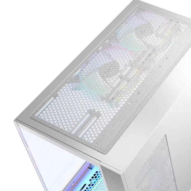 Korpusas MODECOM Volcano Panorama Midi Tower baltas – micro ATX, grūdintas stiklas, ARGB, USB-C, palaiko GPU iki 400 mm