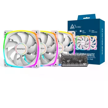 Montech AX120 120mm PWM ARGB korpuso ventiliatoriai, 3 vnt. rinkinys, balti