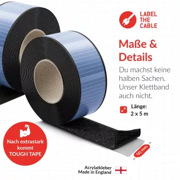 Label-The-Cable LTC Tough Tape Strap, lipni juosta su kabliukais ir kilpelėmis, 50 mm, juoda, 5 m (LTC 1610-5-50)
