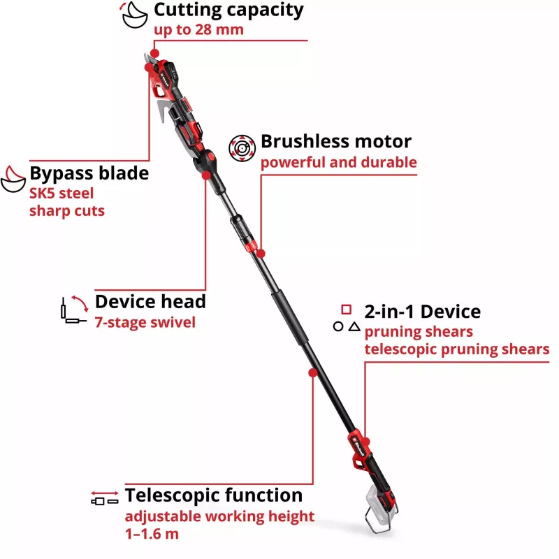 Genėjimo žirklės EINHELL GP-LS 18/28 Li T BL-Solo — belaidės teleskopinės aplenkiminės genėjimo žirklės, 18 V, pjovimo galia 2,8 cm, aliumininis kotas