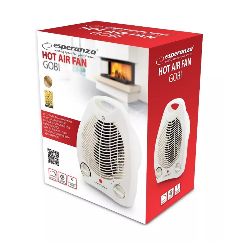 Elektrinis ventiliatorinis šildytuvas ESPERANZA EHH011 1000/2000 W, baltas, reguliuojamas termostatas, sukamas valdiklis