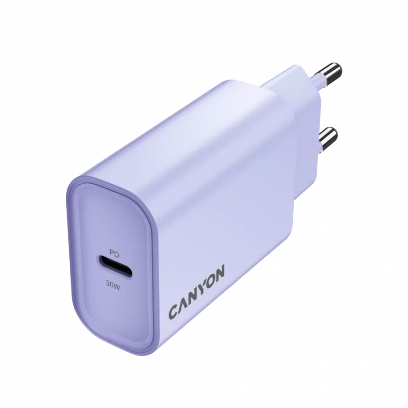 Sieninis įkroviklis CANYON OnCharge 30CL, 30W USB-C PD, 1x PD išėjimas, EU kištukas, Purpurinis