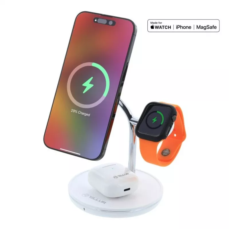 Belaidis stalinis įkroviklis Tellur TLL151391 3in1 MagSafe greitasis įkrovimas telefonui, laikrodžiui ir ausinėms