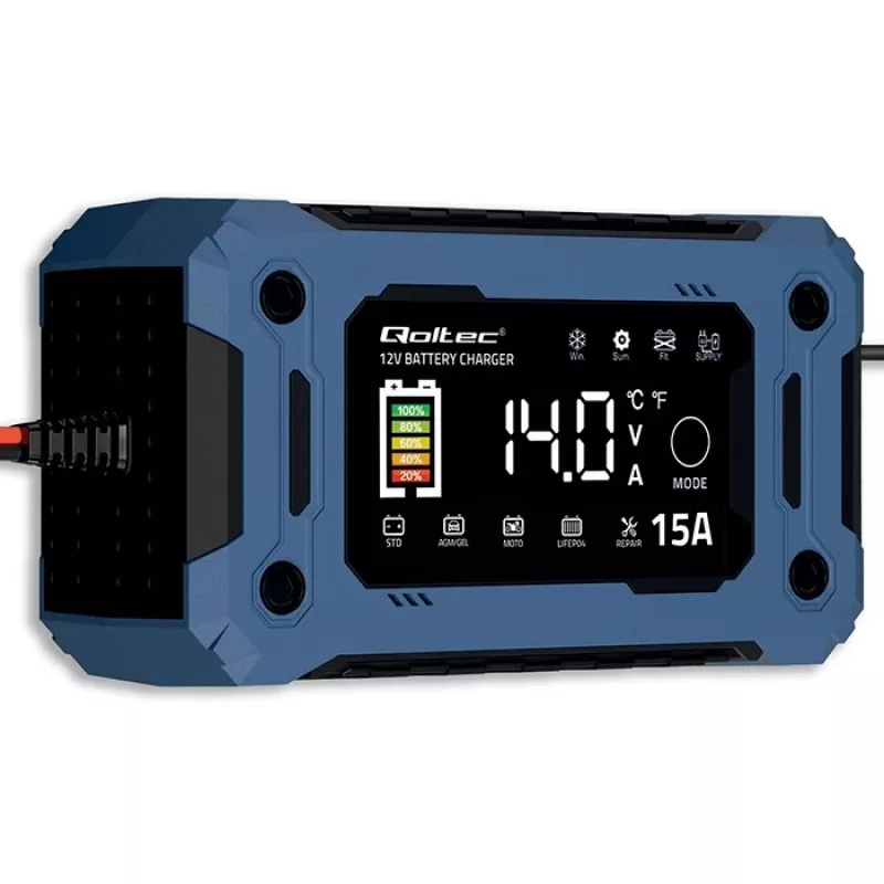 Protingas 12V 15A įkroviklis QOLTEC su mikroprocesoriumi ir LCD – AGM, GEL, SLA, EFB, LiFePO4 akumuliatoriams