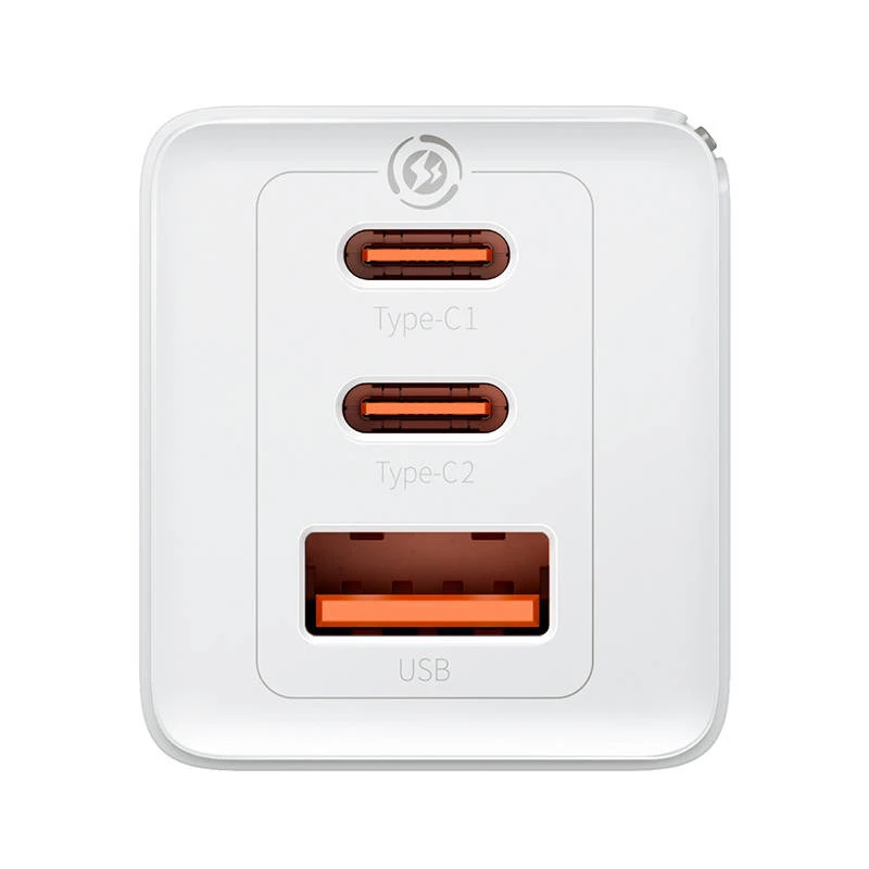 Sieninis įkroviklis Baseus GaN5 Pro 65W – USB + 2×USB-C (QC3.0, PD3.0) su 1 m USB-C laidu, baltas