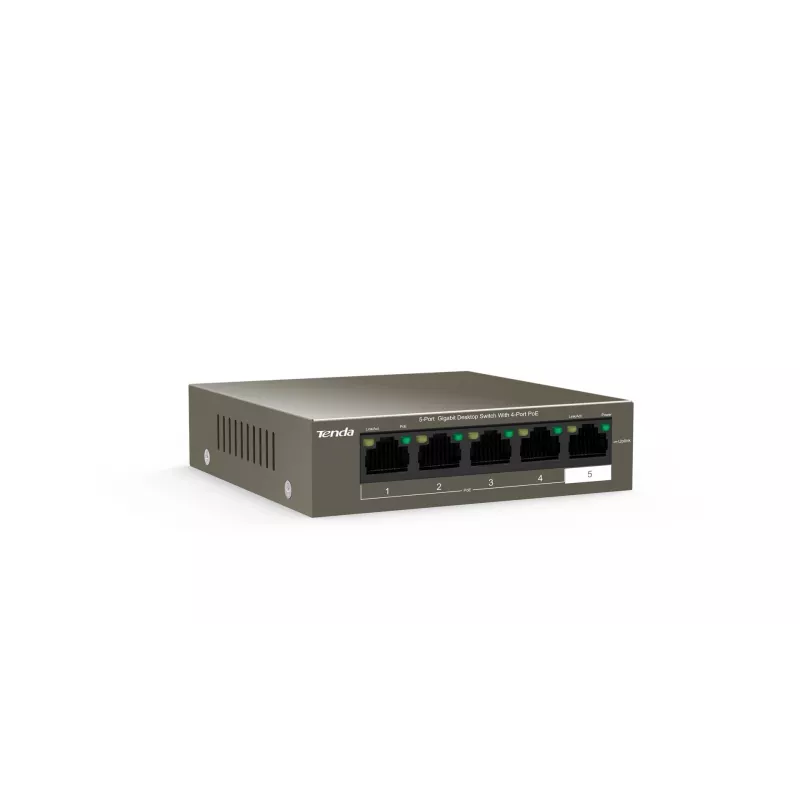 Tinklo jungiklis TENDA TEG1105P-4-63W-EU, 5x Gigabit RJ-45, 4x PoE (57,8 W bendra), 10 Gbit/s perjungimas