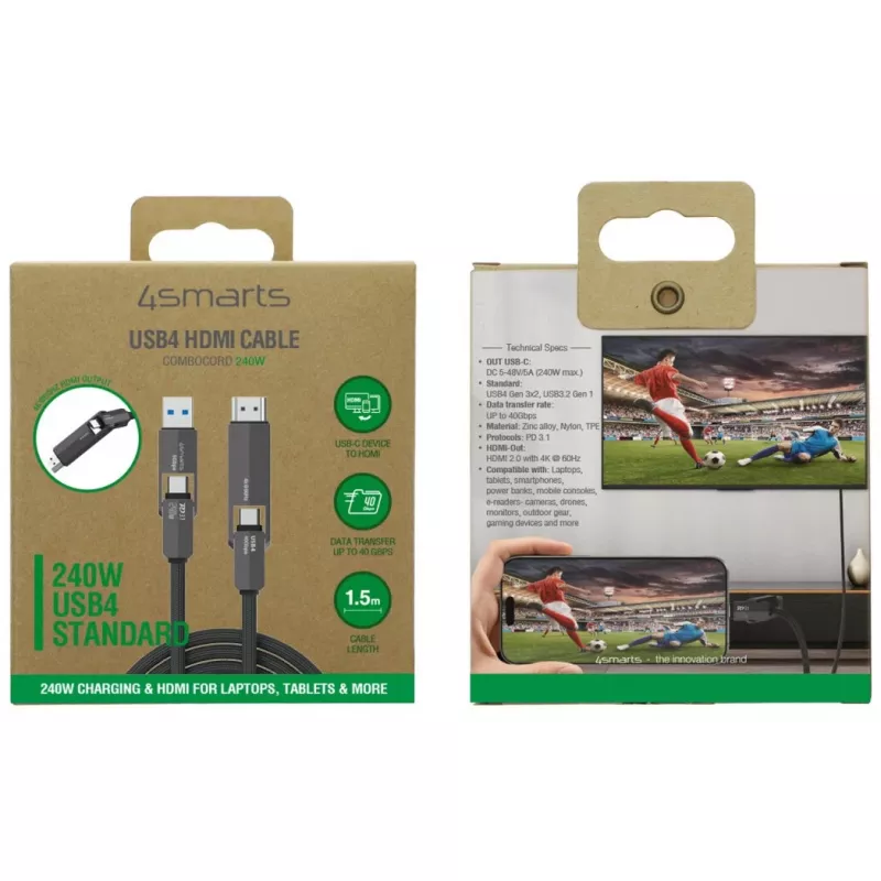USB4 HDMI kabelis 4smarts ComboCord 240W 1,5 m – USB4 į HDMI, 240W galios tiekimas, 1,5 m ilgio