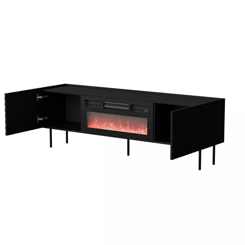 Spintelė televizoriui Cama Meble LUCCA 180x40x59 cm, juodas viršus ir rėmas, medžio drožlių plokštė, su juodu elektriniu židiniu