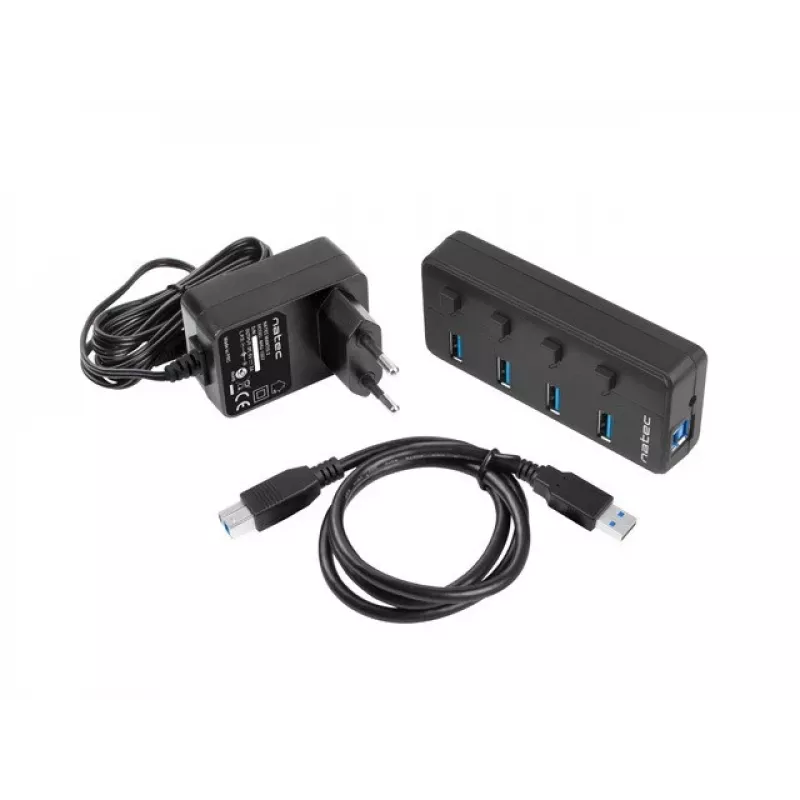 Natec Mantis 2 NHU-1557 USB 3.0 skirstytuvas 4 prievadų, USB Type-B įvestis, įjungimo/išjungimo mygtukai, maitinimo blokas, juodas