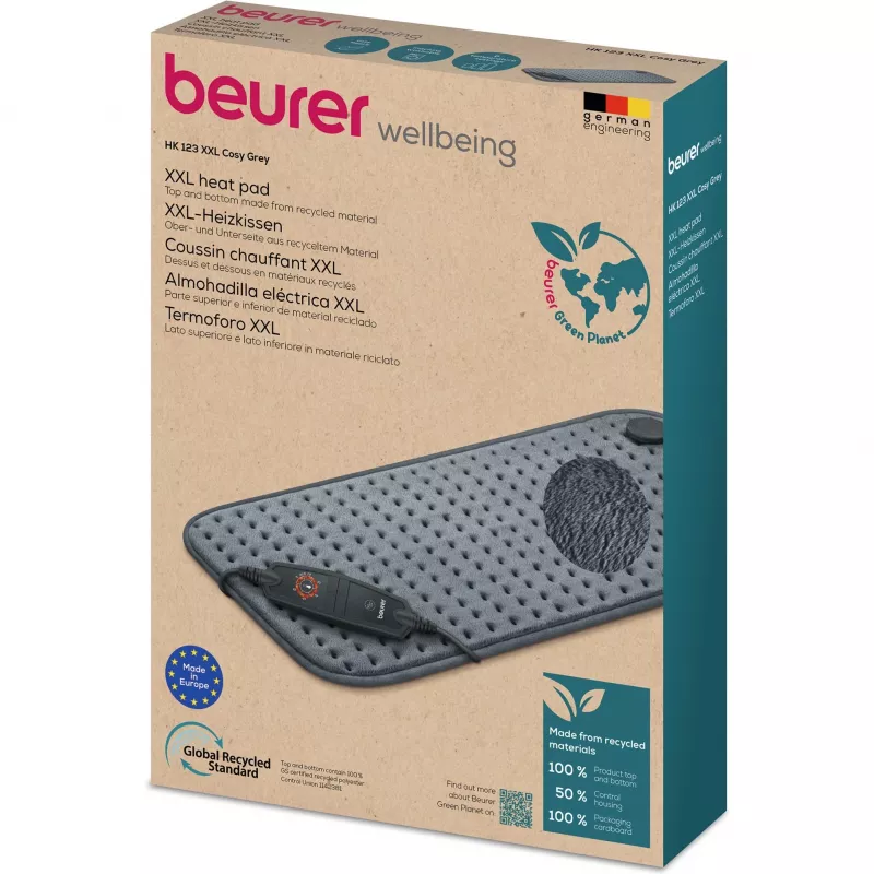 Beurer HK 123 XXL Cosy Grey Green Planet šildomasis pagalvėlė 60x30cm 6 lygių automatinis išsijungimas