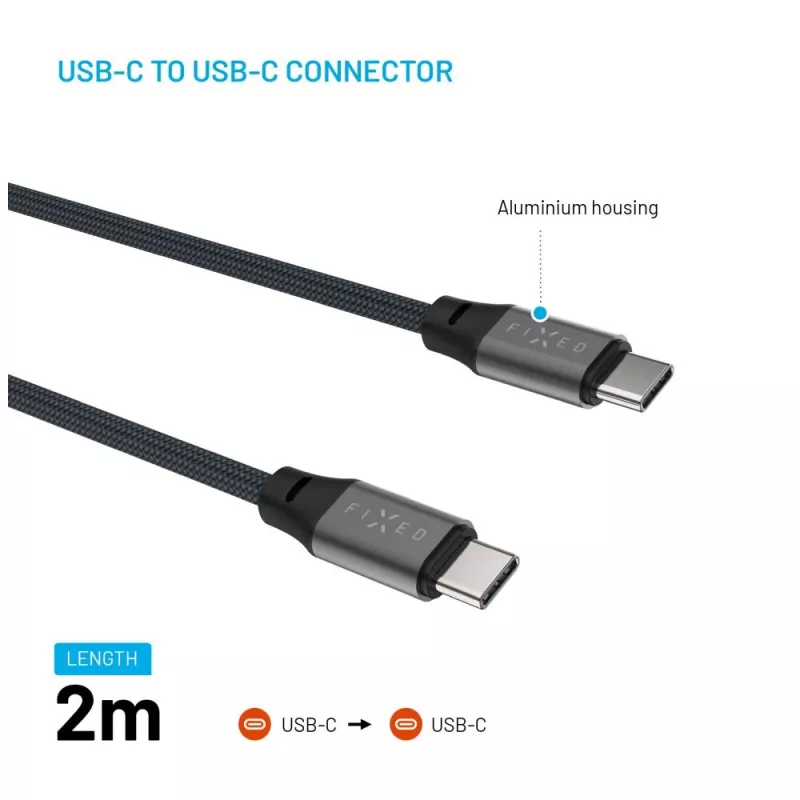 Magnetinis pintas USB-C į USB-C laidas FIXED FIXDBM-CC2-GR, USB 2.0, pinta izoliacija, fiksuotas ilgis, pilka