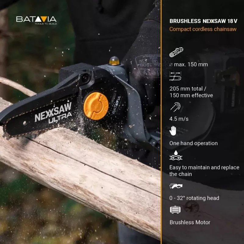 Batavia 18V Nexxsaw belaidis šepečių variklio vienos rankos grandininis pjūklas V3 Ultra, be akumuliatoriaus ir įkroviklio, 17,78 cm