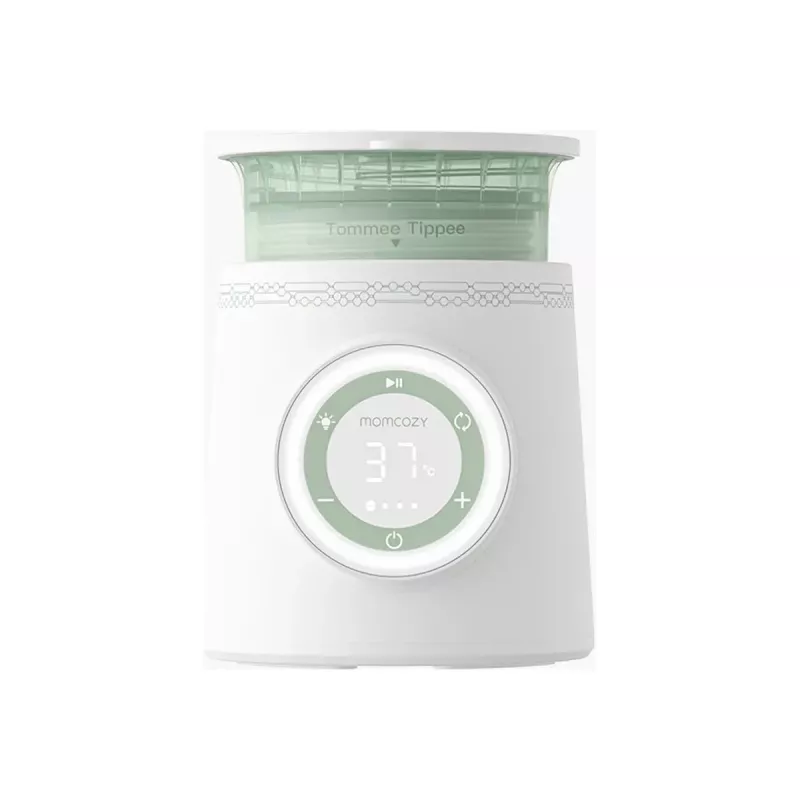 Pieno buteliuko šildytuvas Momcozy MW003-WH12BA-A – baterija 80W, liečiamas valdymas, žalia/permatoma/balta