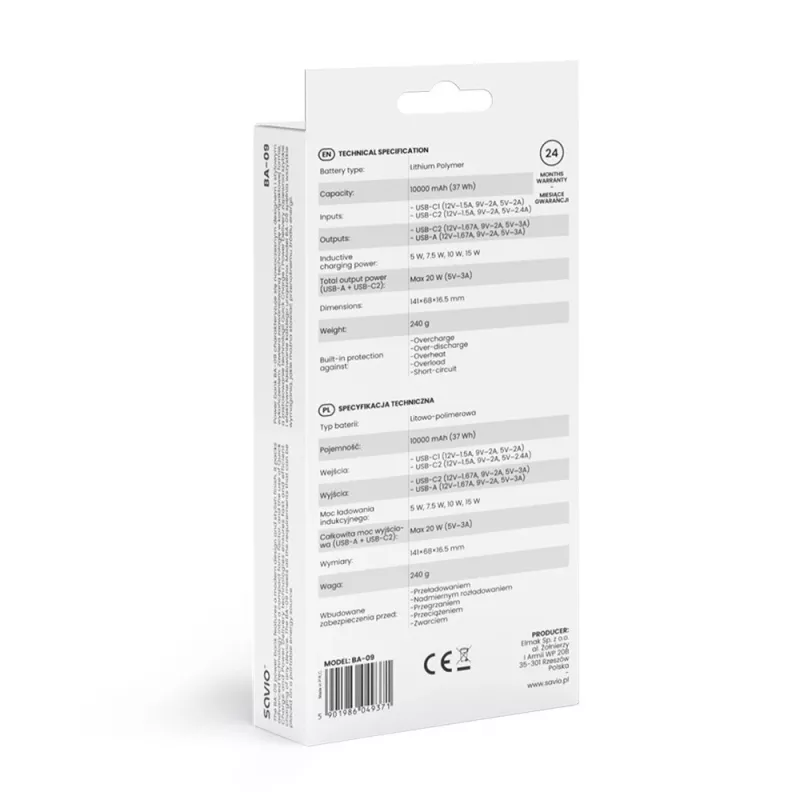 Savio BA-09 10000 mAh belaidis įkroviklis (LiPo) juodas