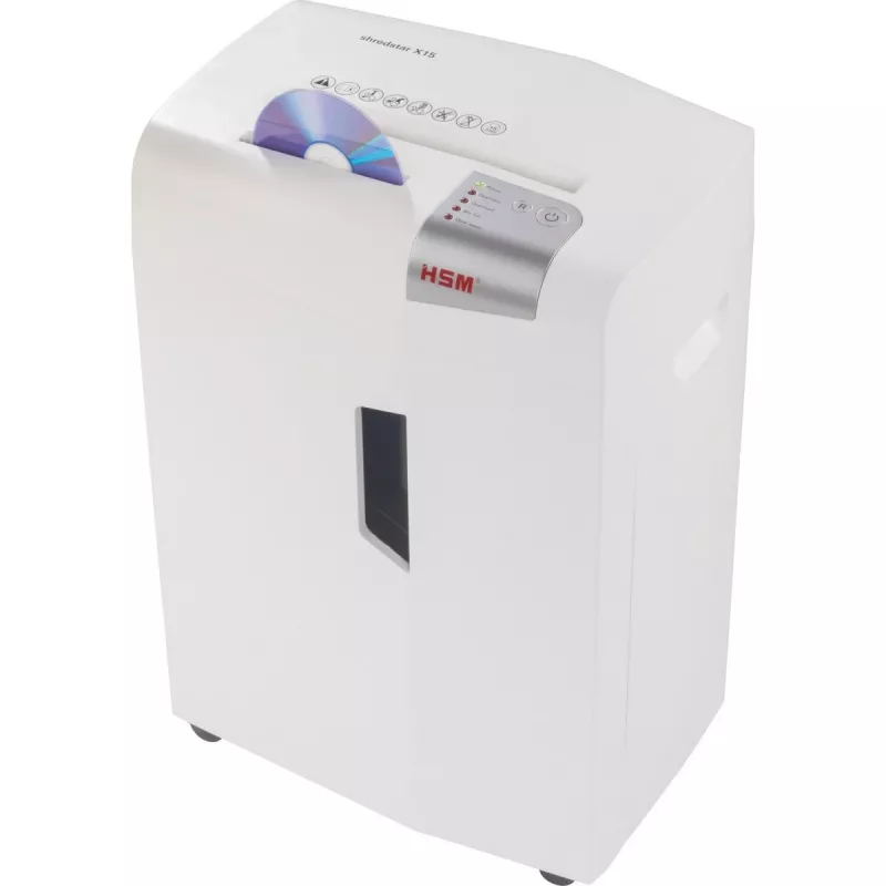 Popieriaus smulkintuvas HSM X15, dalelių pjovimas P-4, 23 cm darbinis plotis, 16 lapų talpa, 26 L krepšelis, sidabrinis