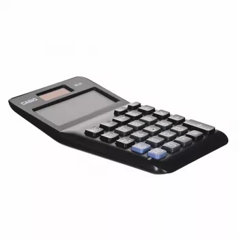 Stalinis skaičiuotuvas CASIO MS-8F – 8 skaitmenų, saulės/baterijos, 26 klavišai, valiutos ir mokesčių funkcijos, pelno skaičiavimas, juodas