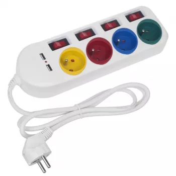 Maitinimo blokas MACLEAN MCE229W — 4 lizdai, 2× USB, 1,5 m laidas, F tipo, 10 A, baltas