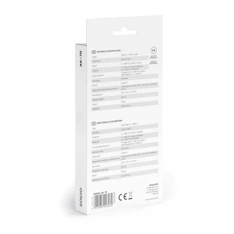 USB šakotuvas SAVIO AK-70, 7 prievadų USB 3.0, 4 naudojami prievadai, USB Type-A šeimininko jungtis, 5 Gbit/s perdavimo greitis, garantija 2 metai