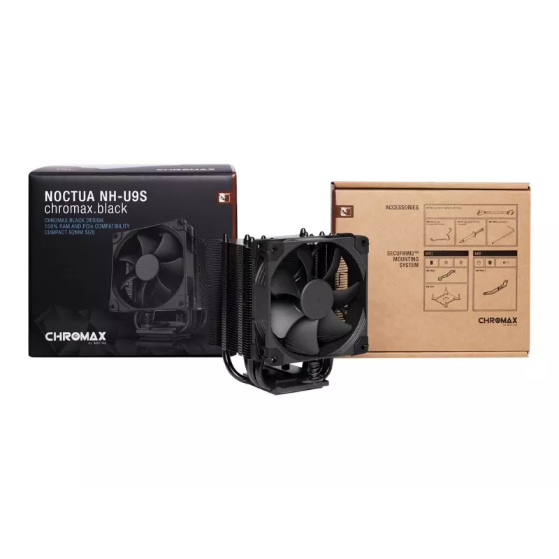 Oro aušintuvas CPU Noctua NH-U9S chromax.black — 92 mm ventiliatorius, 5 šilumos vamzdelių, 12 V, SSO guolis, LGA 2066 suderinamas